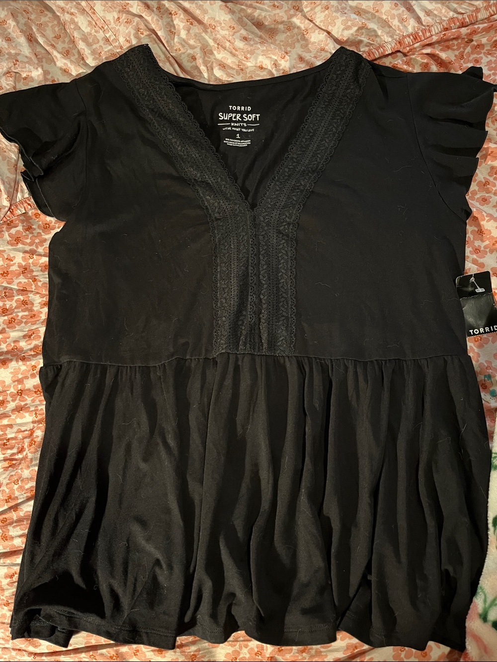 torrid Black V-Neck Peplum Top with Lace Trim